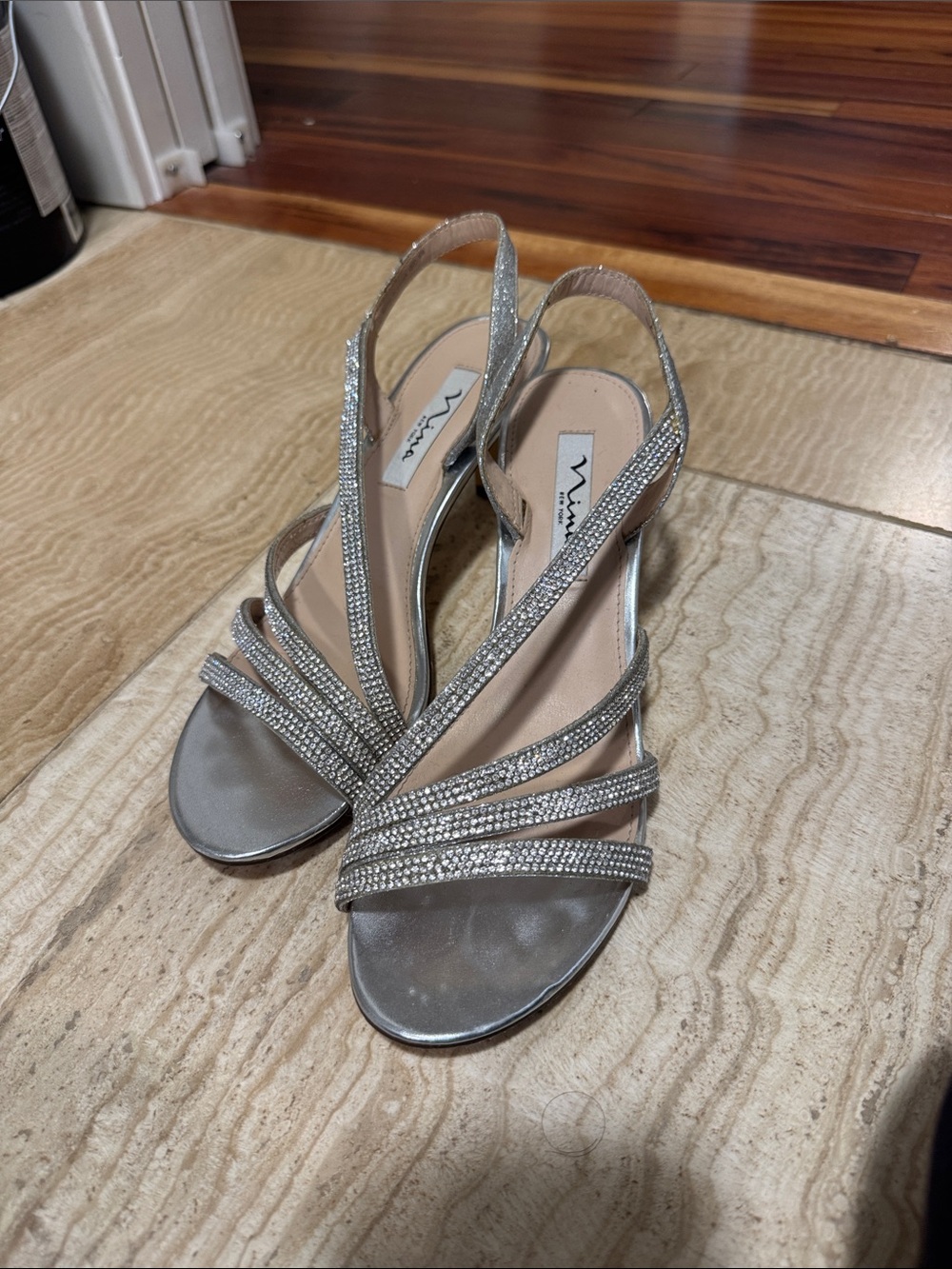 Nina Silver Crystal-Strap Slingback Heels